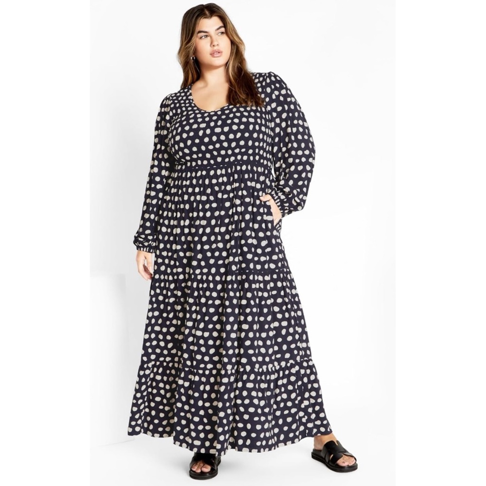 City Chic Womens Plus Size 18 Jayden Maxi Dress Navy Blue Polka Dot Smocked Boho